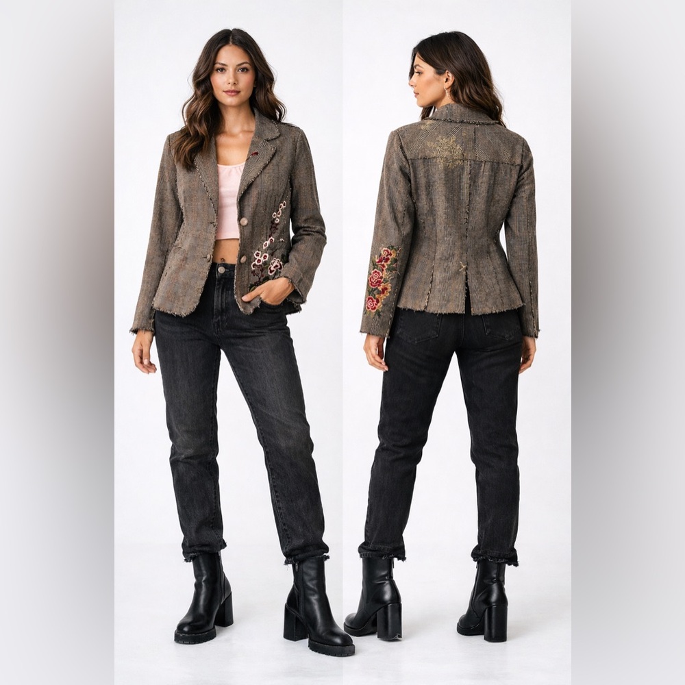 Paparazzi Vintage 90s Y2K Brown Embroidered Raw Edge Blazer‎ Sz. L